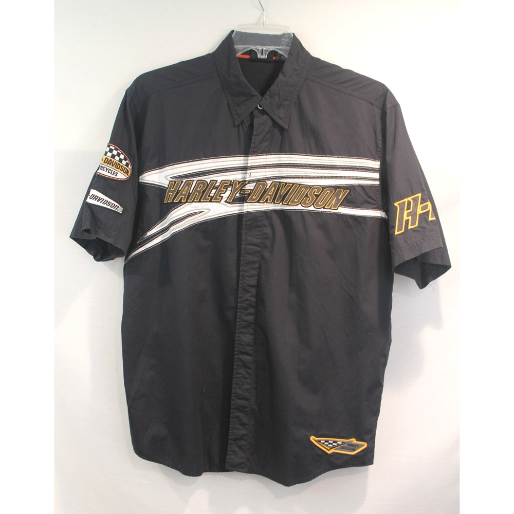 Harley Davidson Shirt Men L Black Embroidered Patches Snap Up Y2K Mechanic Biker